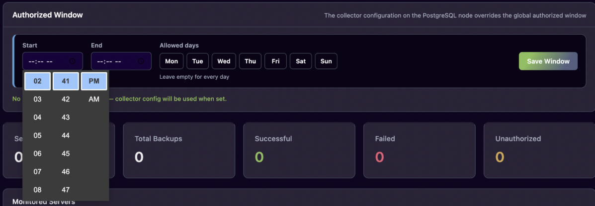 Authorized backup window dashboard setting